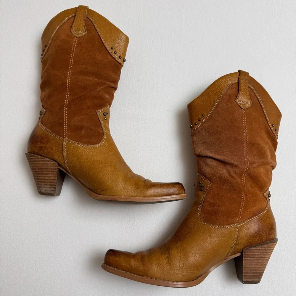 Vintage Y2K Bass Western Brown Leather Studded Boots Size 7.5 - Picture 1 of 14